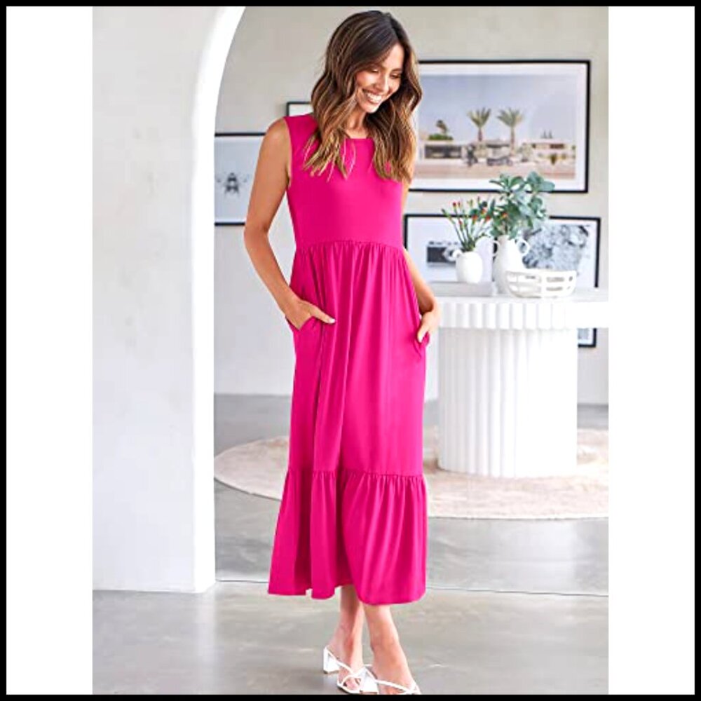 Sleeveless Maxi Dress with Pockets, Elastic Waist, Tiered Design, Rayon Blend - Picture 6 of 7